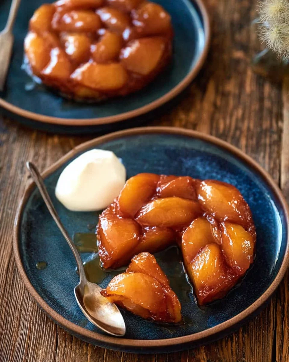 Two servings of apple tarte tatin on dark blue plates with cream dollop.