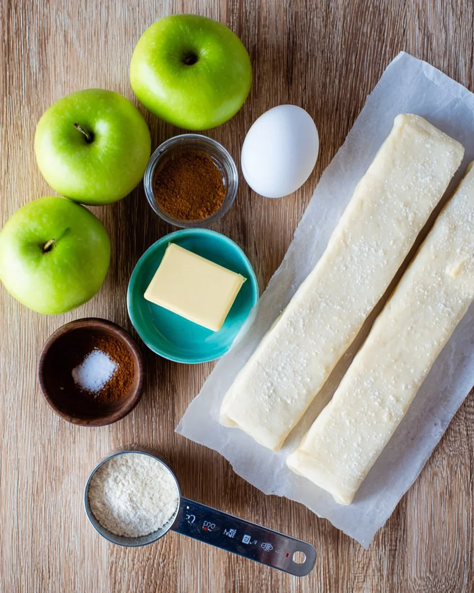 Ingredients for fruit pastry include puff pastry, granny smith apples, butter, egg, sugar, salt and cinnamon