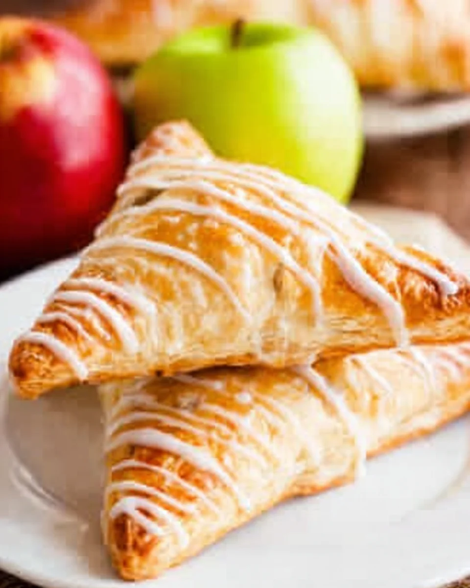 Two apple turnovers on a plate with apples in background