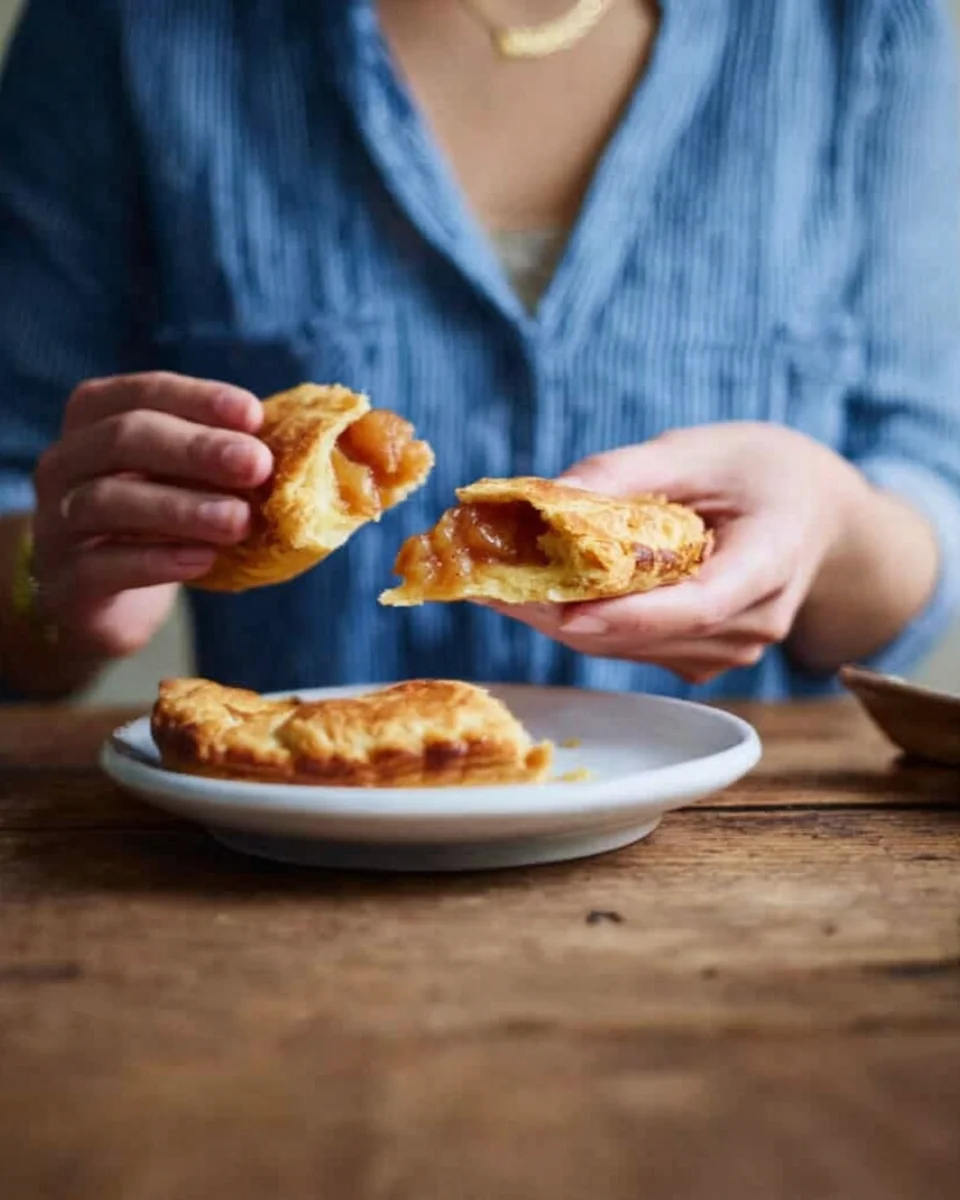 Woman in denim holding apple turnovers split open.