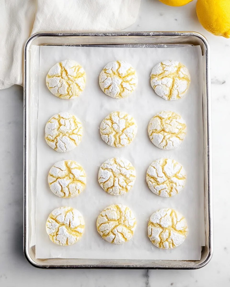 A baked tray of lemon crinkle cookies.