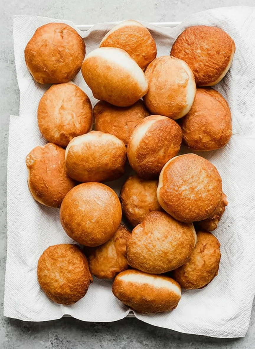 A variety of golden, crispy fried doughnuts arranged on a white paper towel on a gray surface.