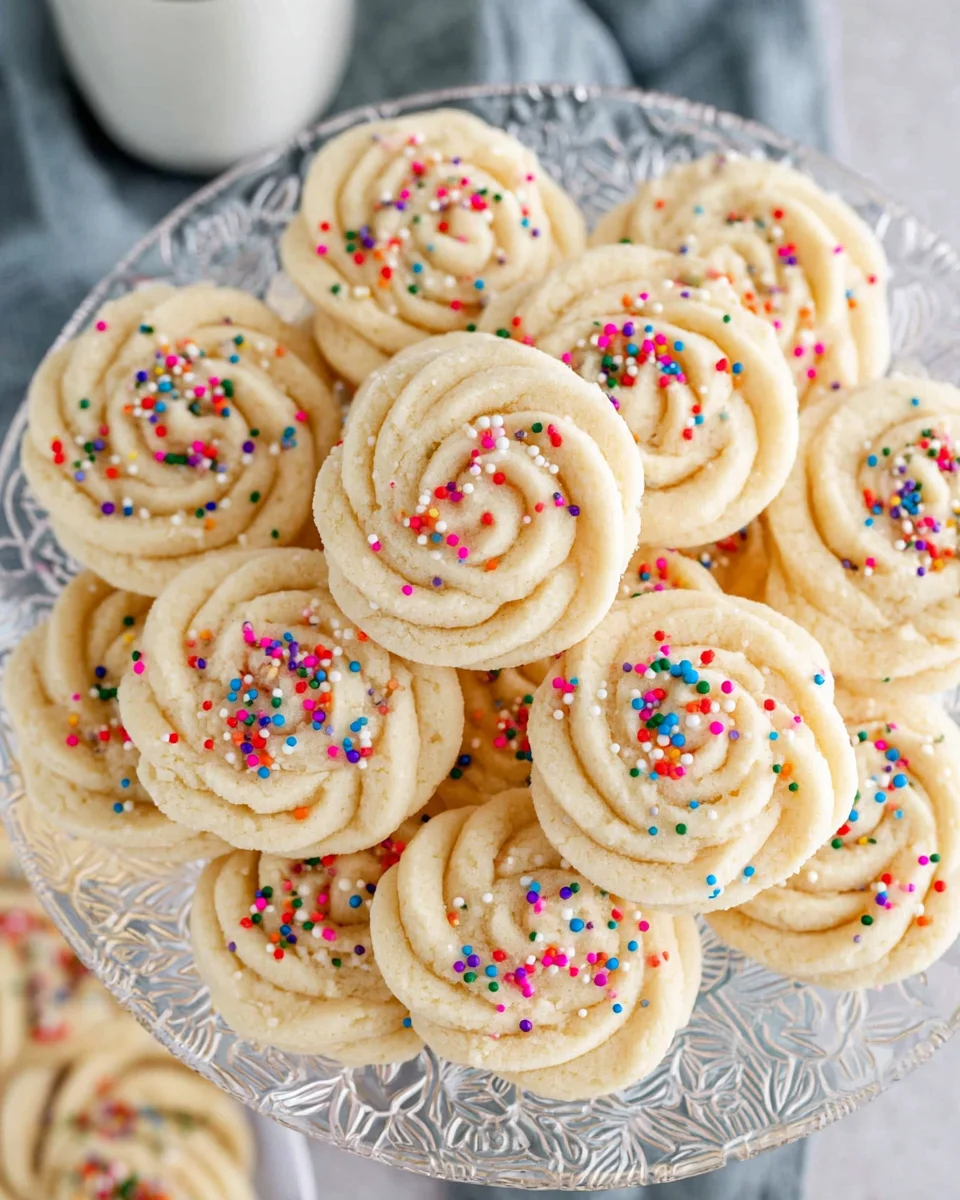 but cookies with multi colored sprinkles stacked on a tray