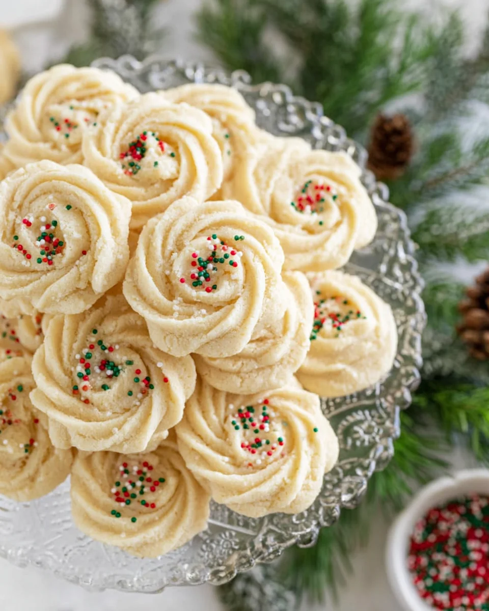 christmas butter cookies on a tray with pine branches