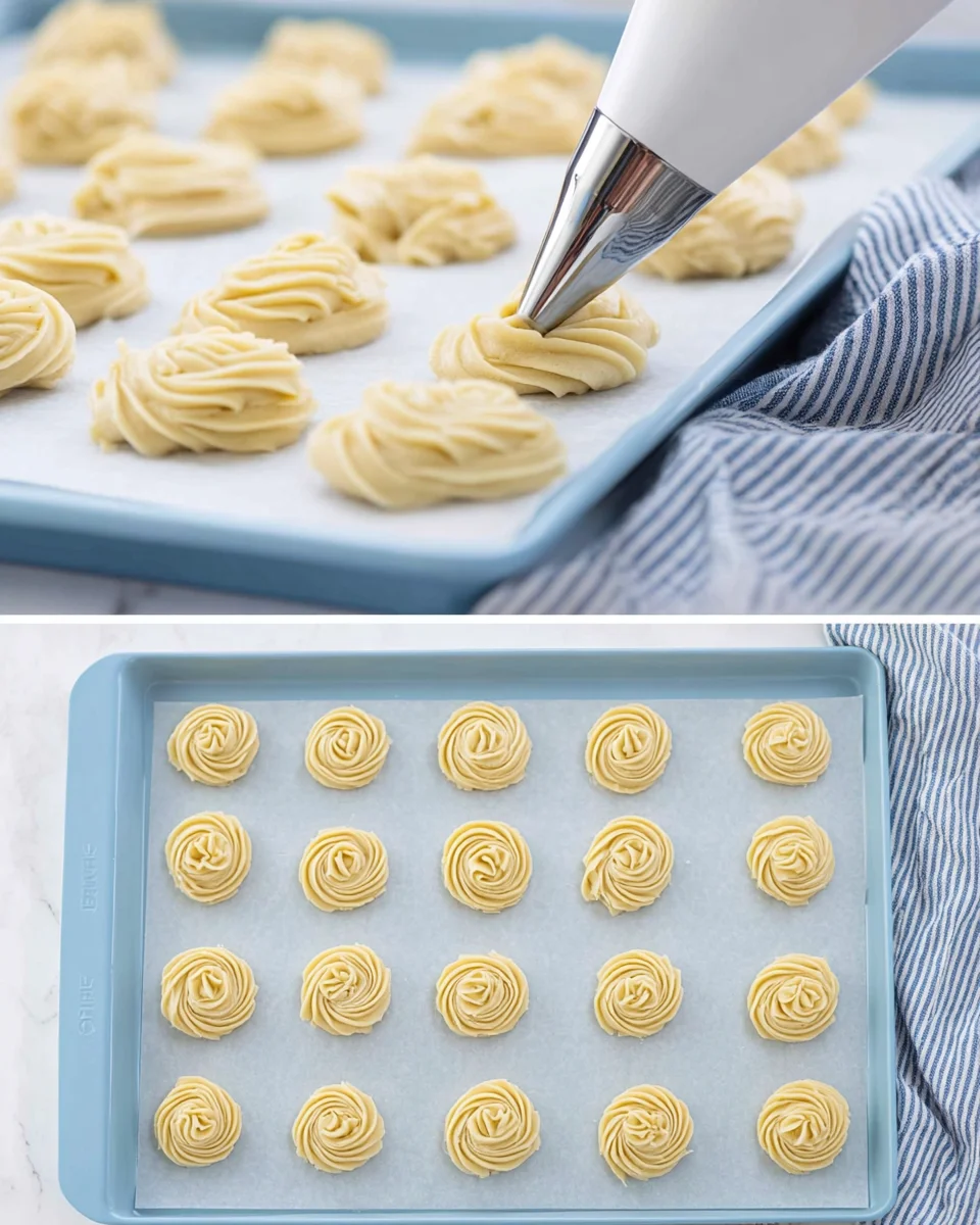 two image collage of butter cookies piped onto a cookie sheet