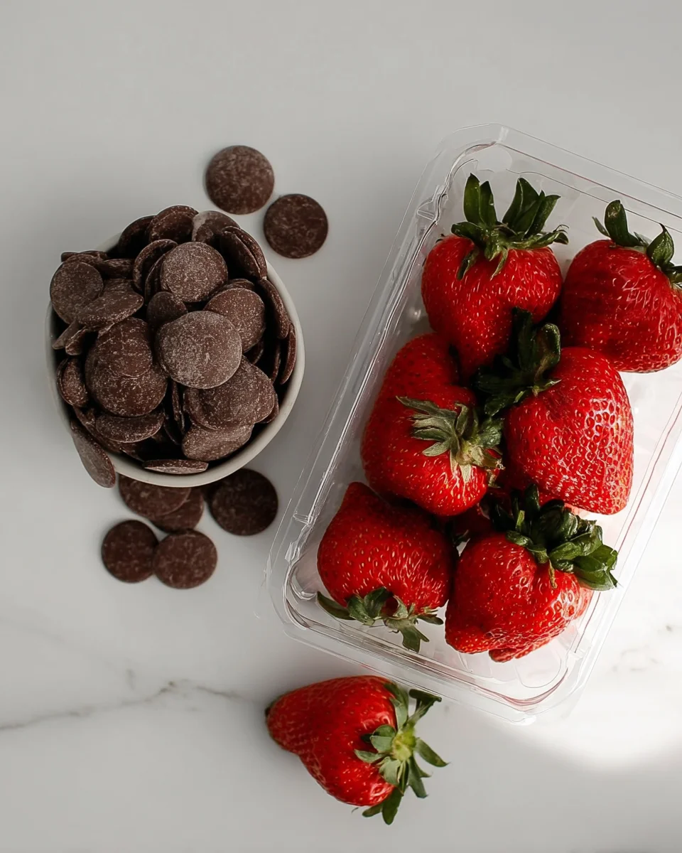 A pile of chocolate and some long stem fresh strawberries. 