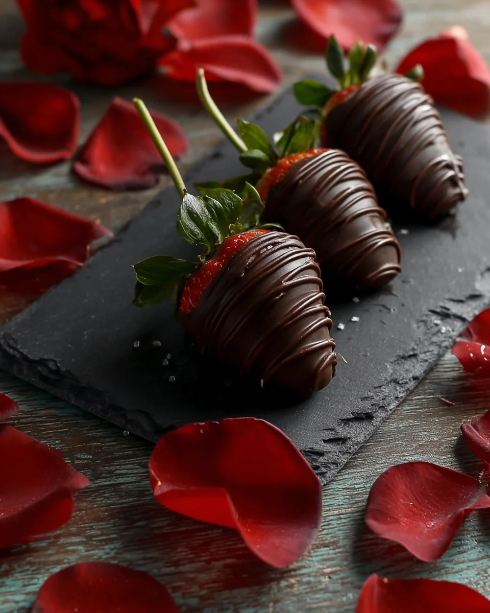 Chocolate covered strawberries on a slate plate surrounded by rose petals for a delicious treat to enjoy on date night, or a Tuesday. 