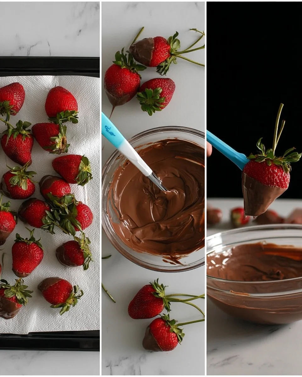 Steps for making chocolate covered strawberries.