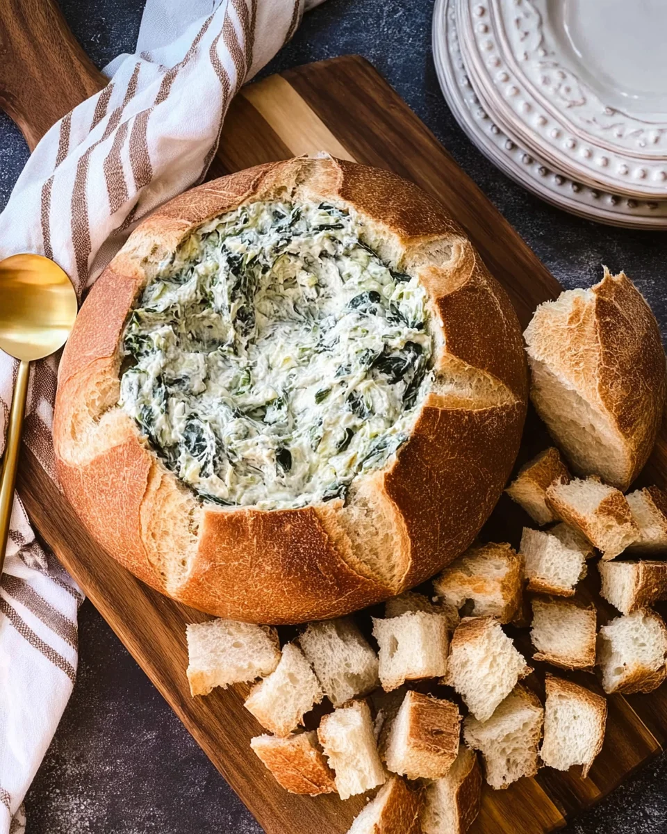 a top down view of Spinach Dip in a bread bowl. on the side are chunks of bread for dipping