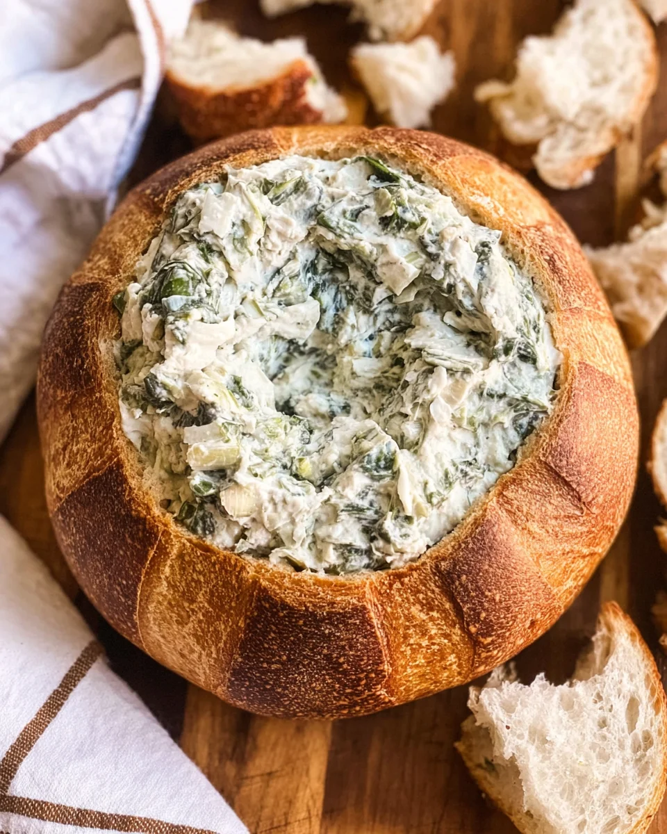 a top down close up of Spinach Dip in a bread bowl. on the side are chunks of bread for dipping