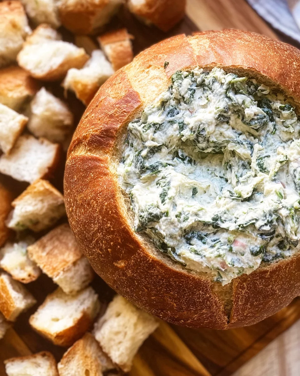 a top down close up of Spinach Dip in a bread bowl. on the side are chunks of bread for dipping