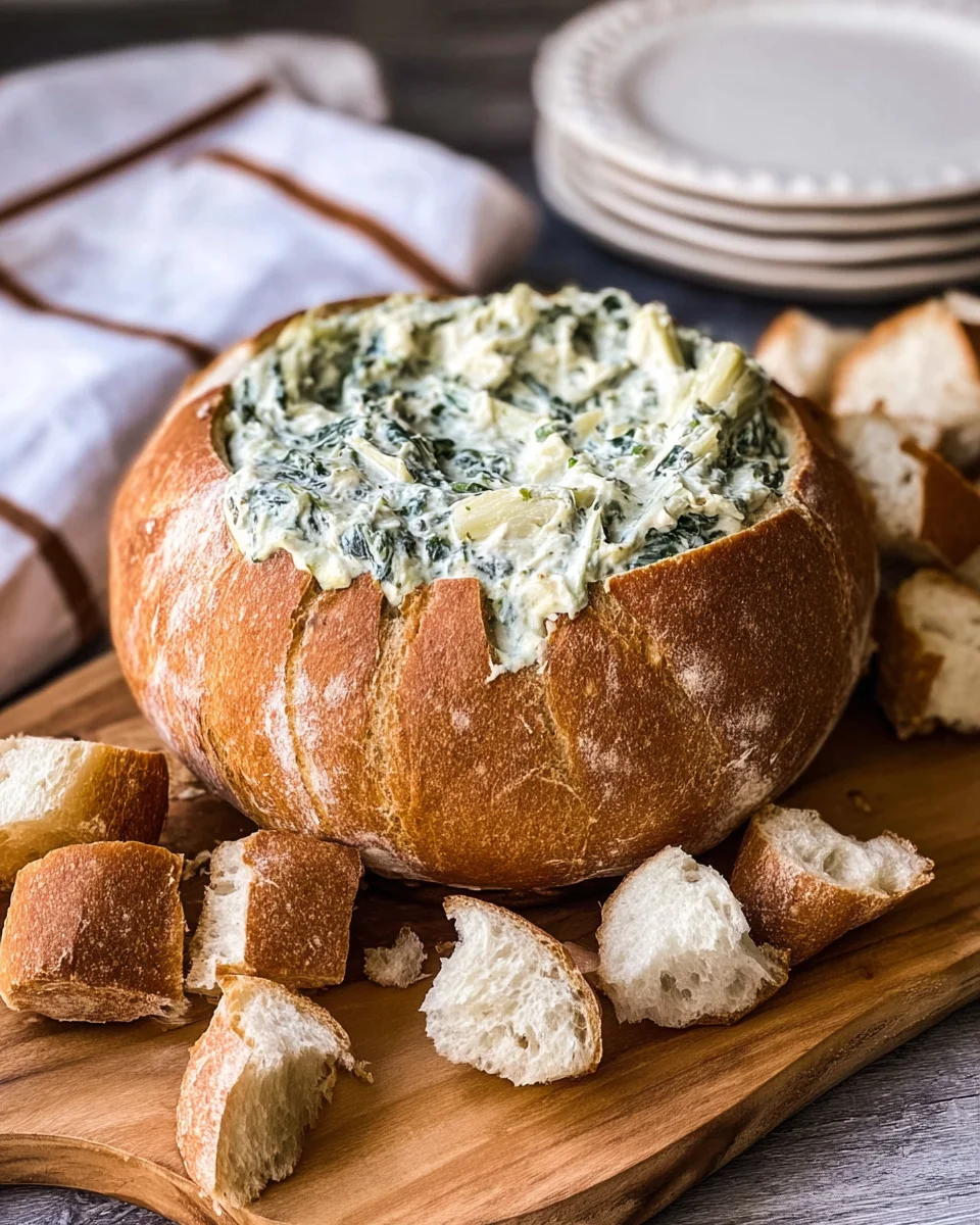 a Spinach Dip in a bread bowl. on the side are chunks of bread for dipping
