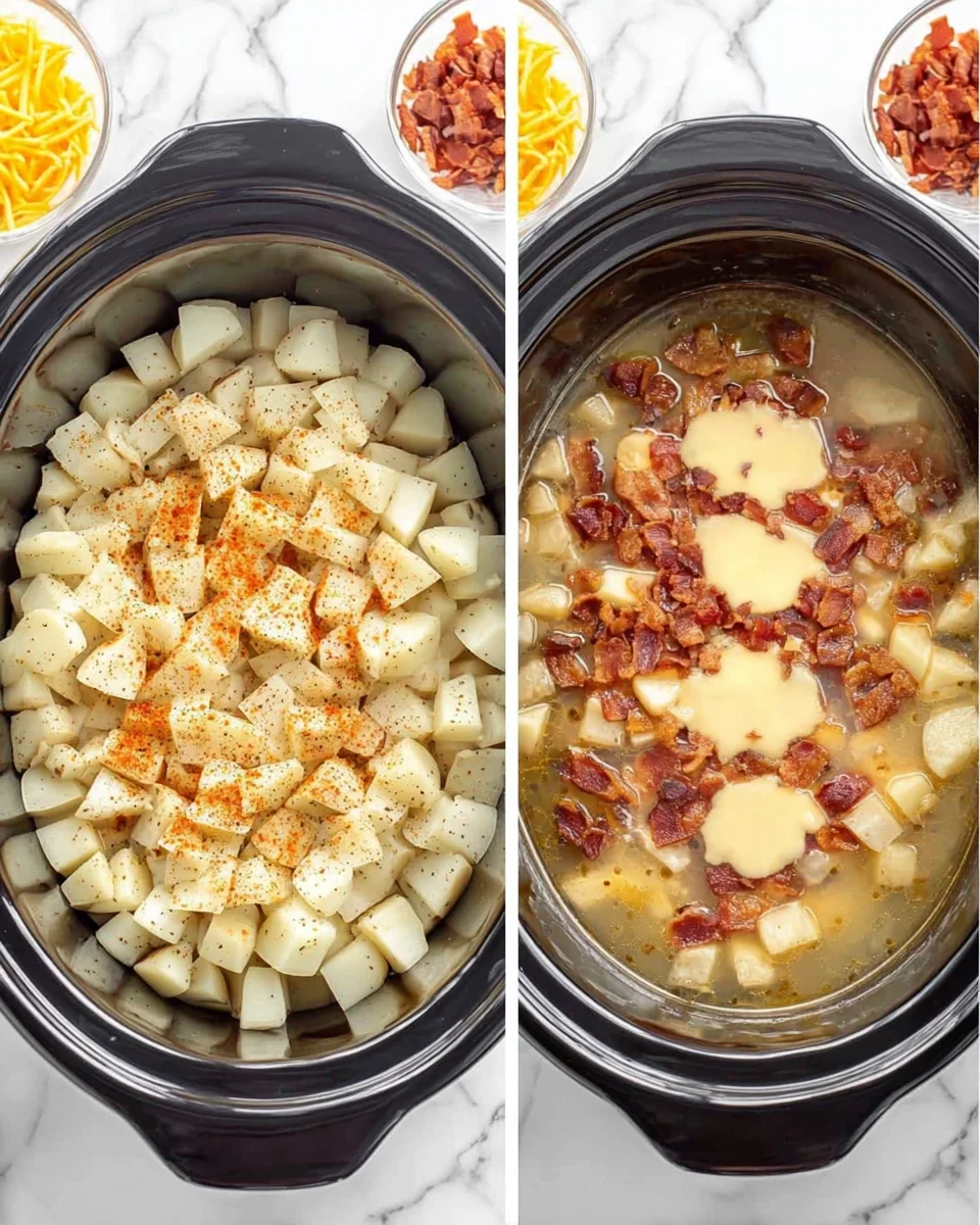 collage of two photos: seasoning sprinkled onto hash browns in the crock pot; seasoning sprinkled onto hash browns in the crock pot.