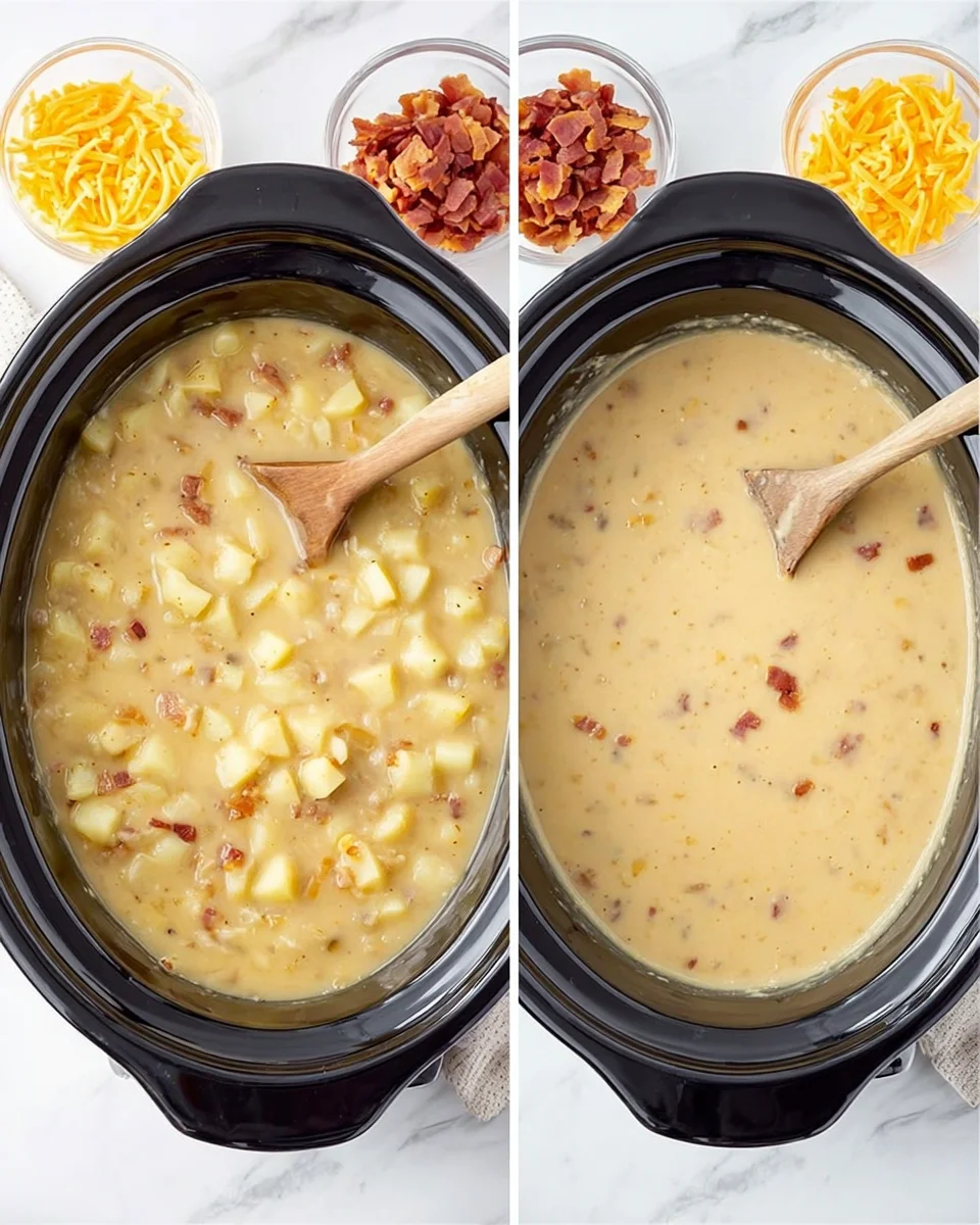 collage of two photos: ingredients mixed together in crock pot; potato soup shown after it has been cooked for 5 hours.