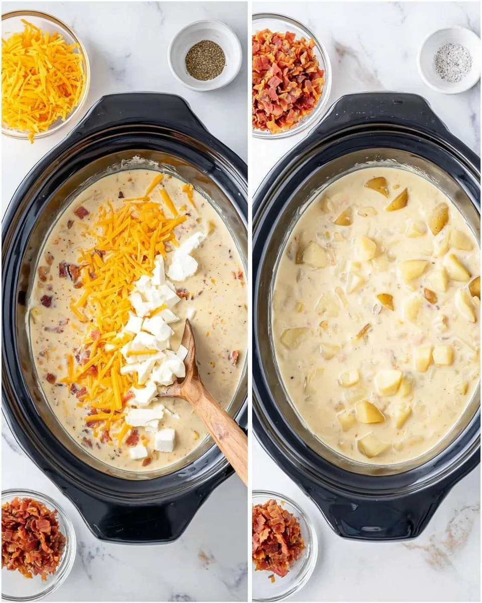 collage of two photos: cream cheese and shredded cheddar cheese added to potato soup; mixture shown melted and stirred together. 