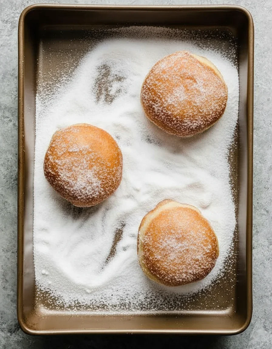 Three golden-brown donuts on a baking sheet dusted with flour, ready for frying or serving.