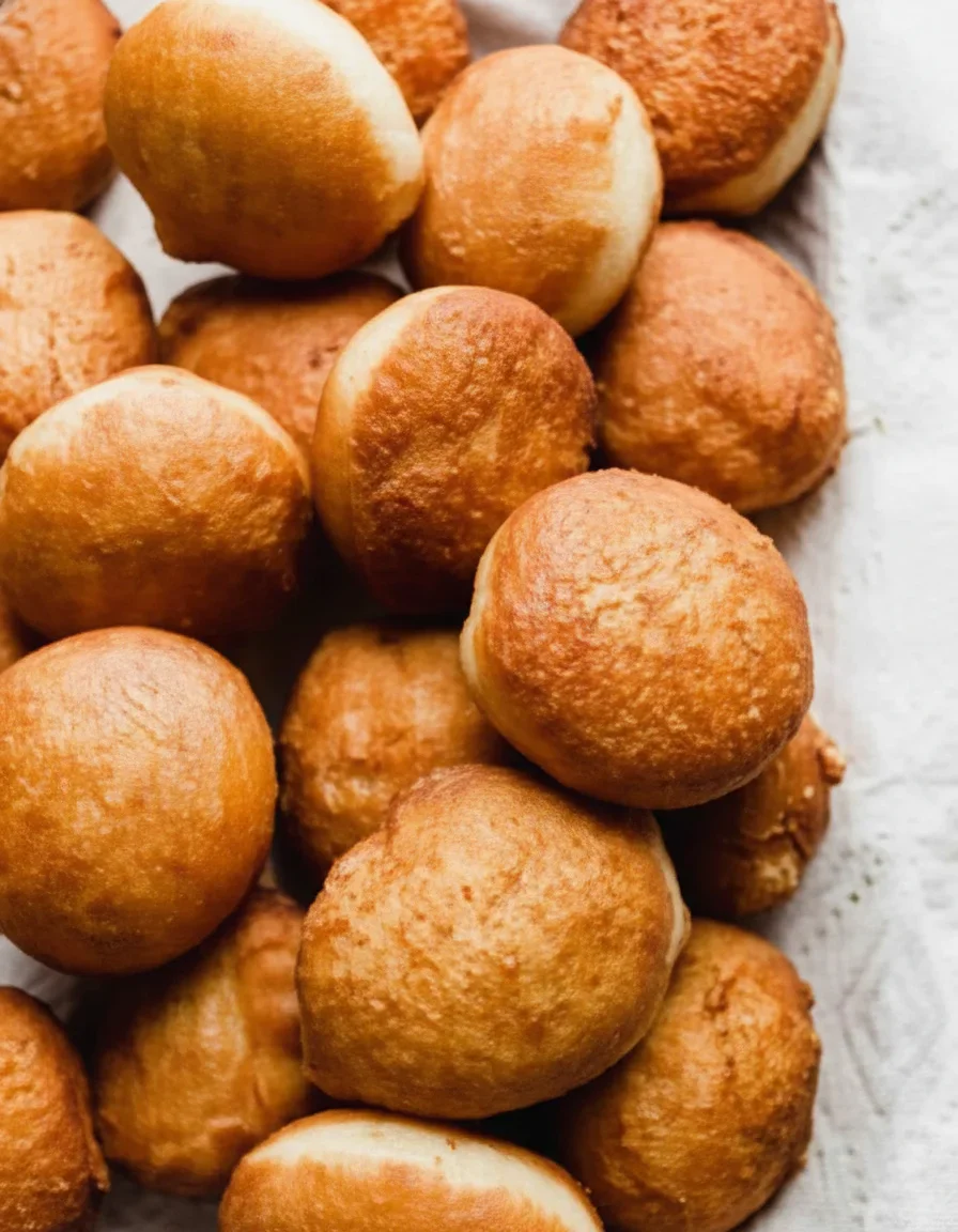 Close-up of freshly fried, golden-brown doughnuts stacked on a white surface.