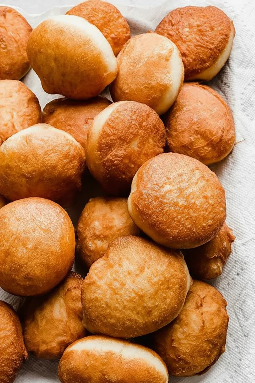 Golden fried dough balls piled on a white cloth, crispy and freshly cooked.