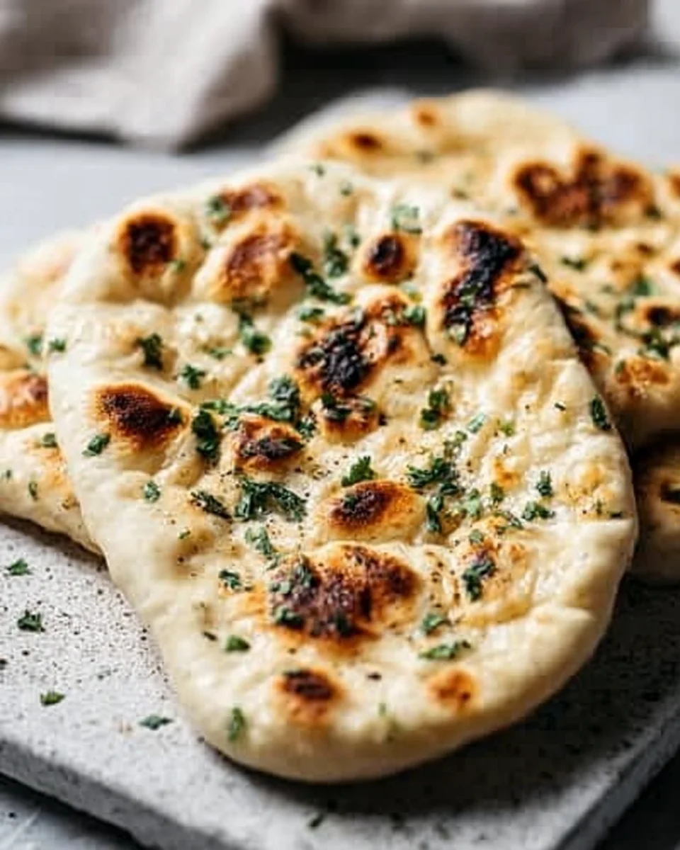 Easy garlic naan bread on a chopping board.