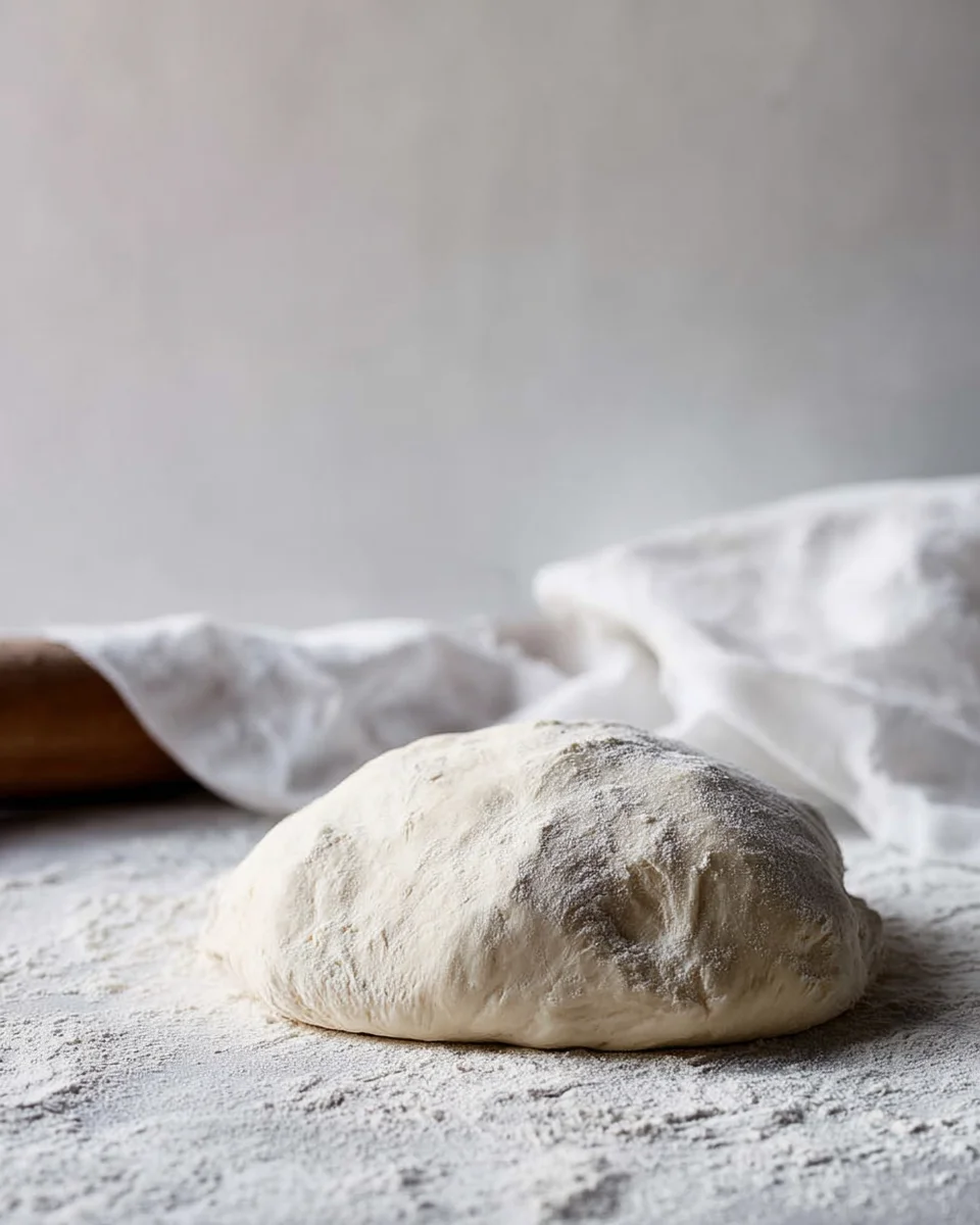 Dough for garlic naan bread on a floured surface.