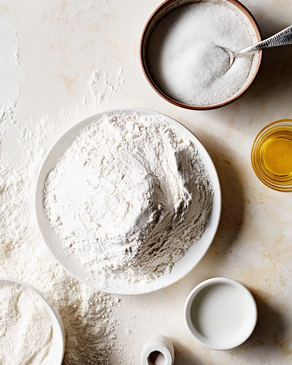 Flour, yeast and salt for making garlic flatbread.