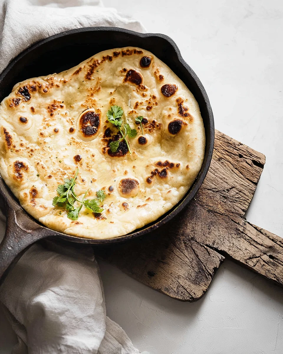 Naan bread being cooked in a skillet.