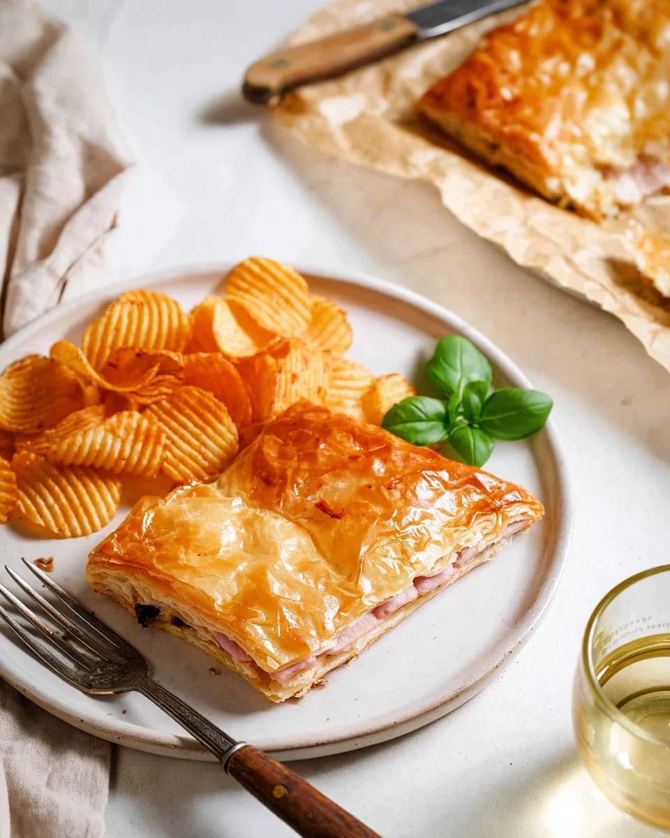 Ham and cheese puff pastry square on a plate with chips.