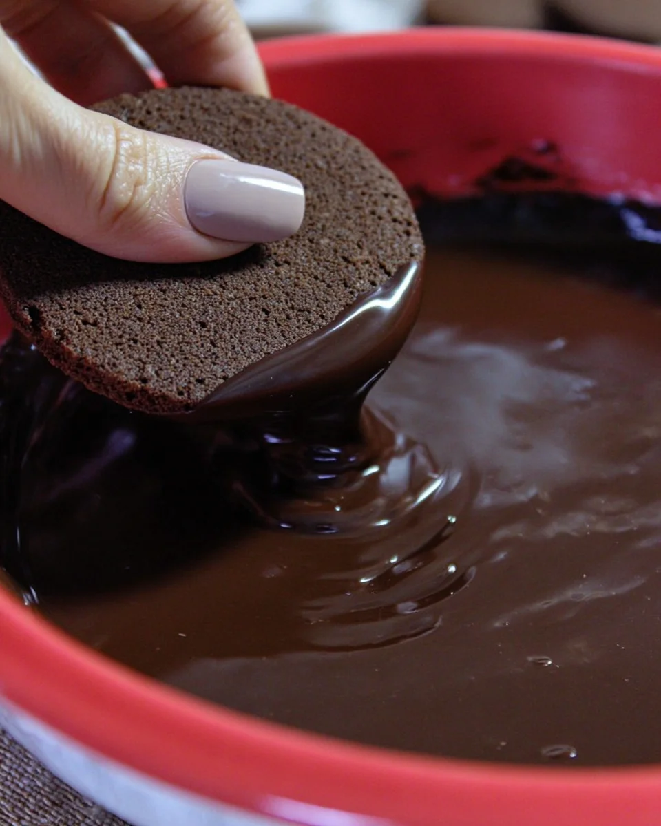 dipping brownie heart in melted chocolate