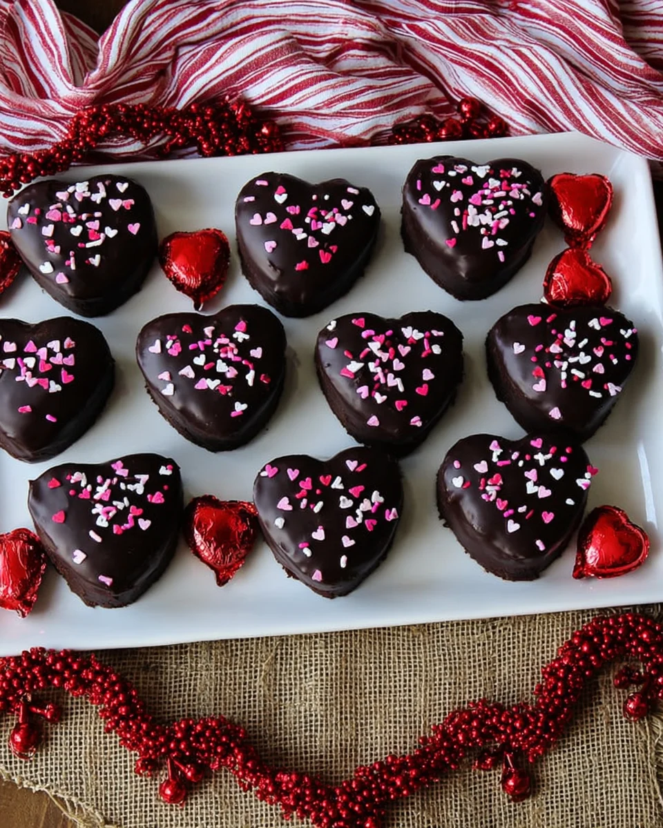 Chocolate Dipped Brownie Hearts on a platter