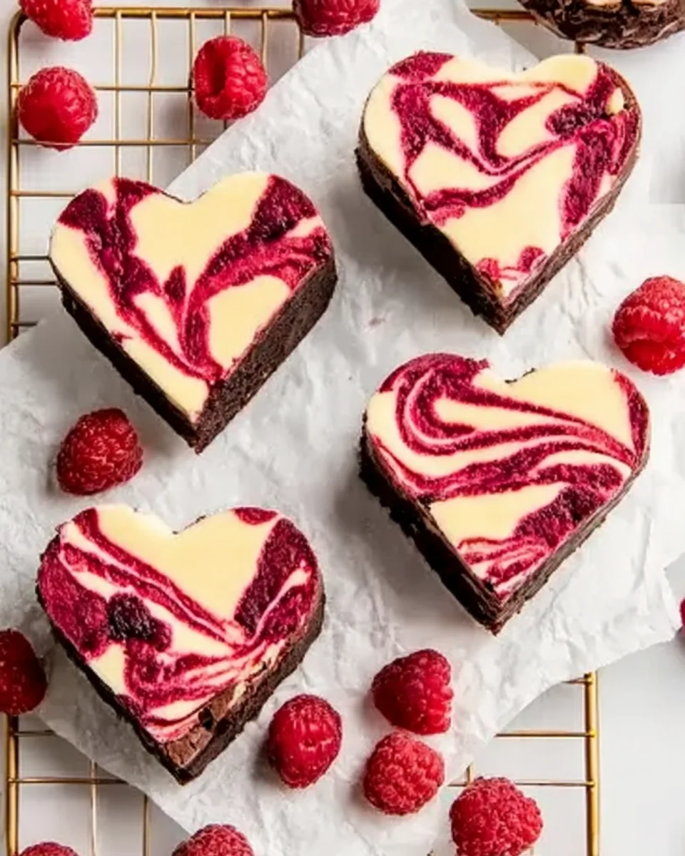 Heart-shaped raspberry cheesecake brownies with glossy swirl and fresh raspberries