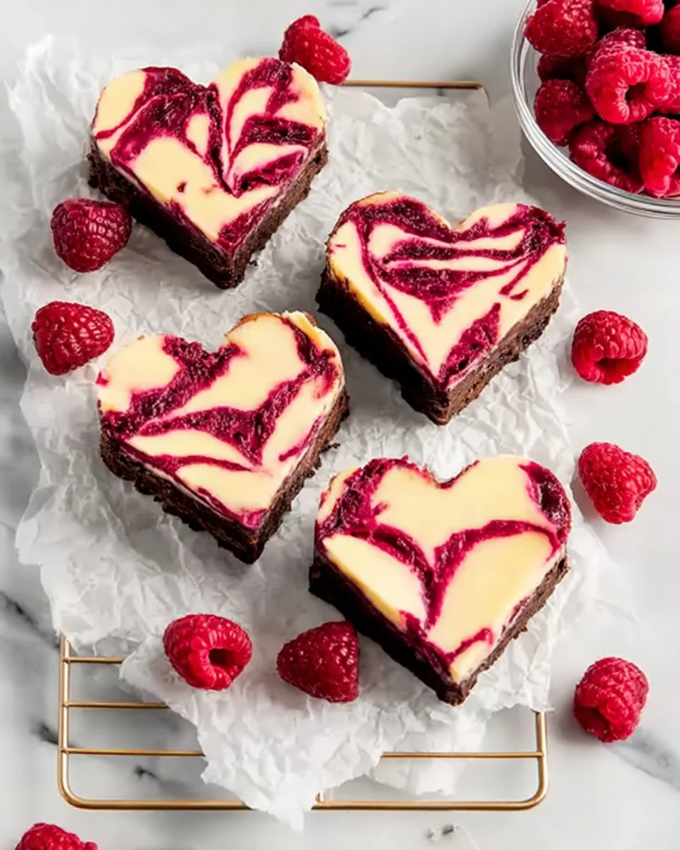 Heart-shaped raspberry cheesecake brownies with glossy swirl and fresh raspberries