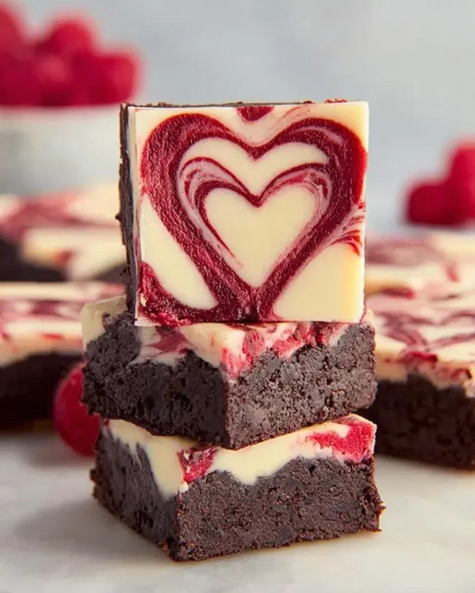 Stack of heart-shaped raspberry cheesecake brownies