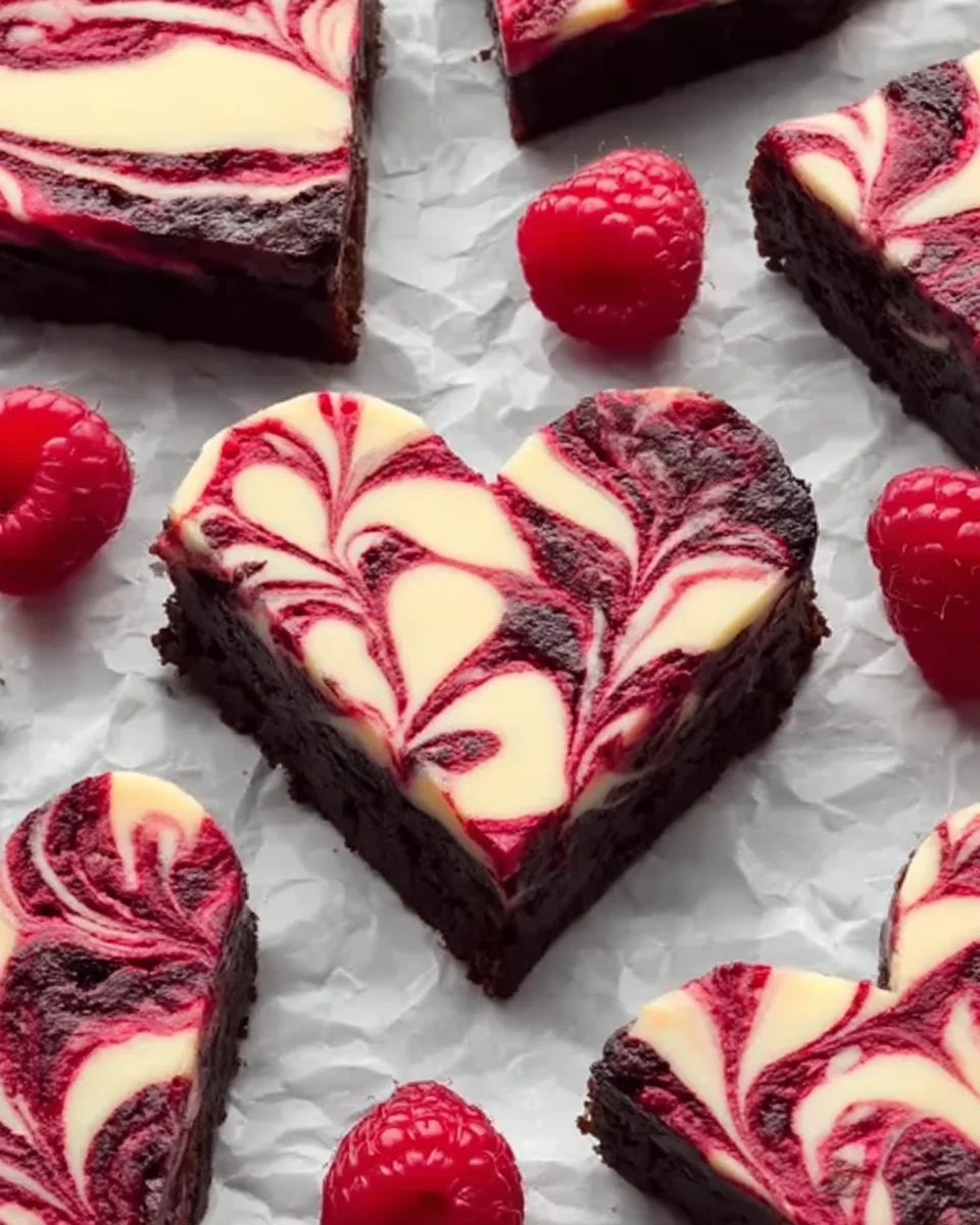 Heart-shaped raspberry cheesecake brownies on parchment paper