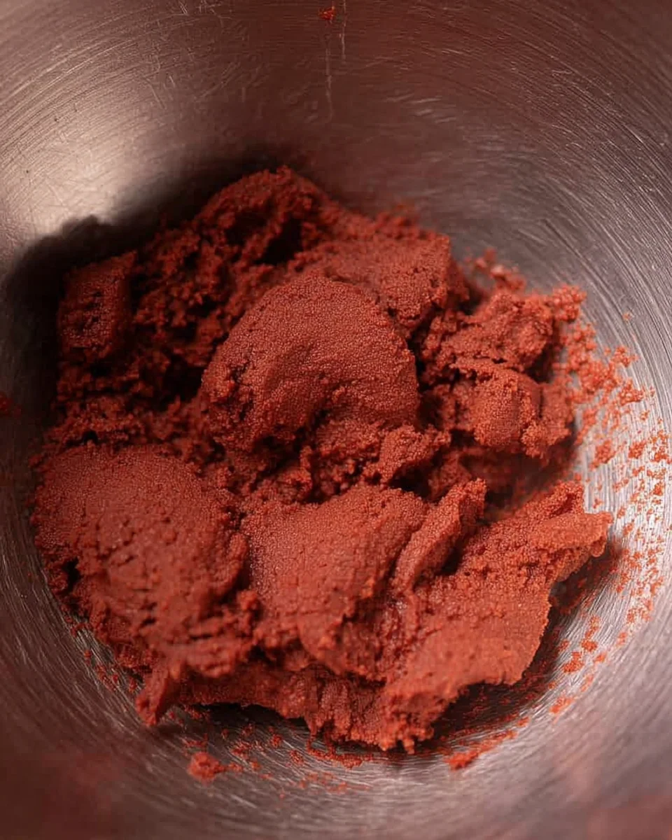 Red velvet cookie dough in mixing bowl