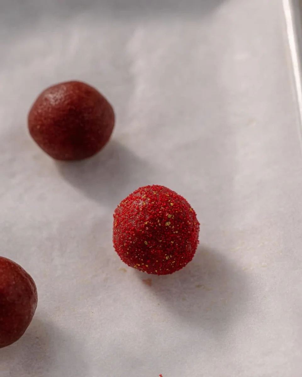 Red velvet cookie dough in red sugar on baking sheet