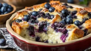 Golden brown Blueberry Cottage Cheese Breakfast Bake in square baking dish with visible blueberries
