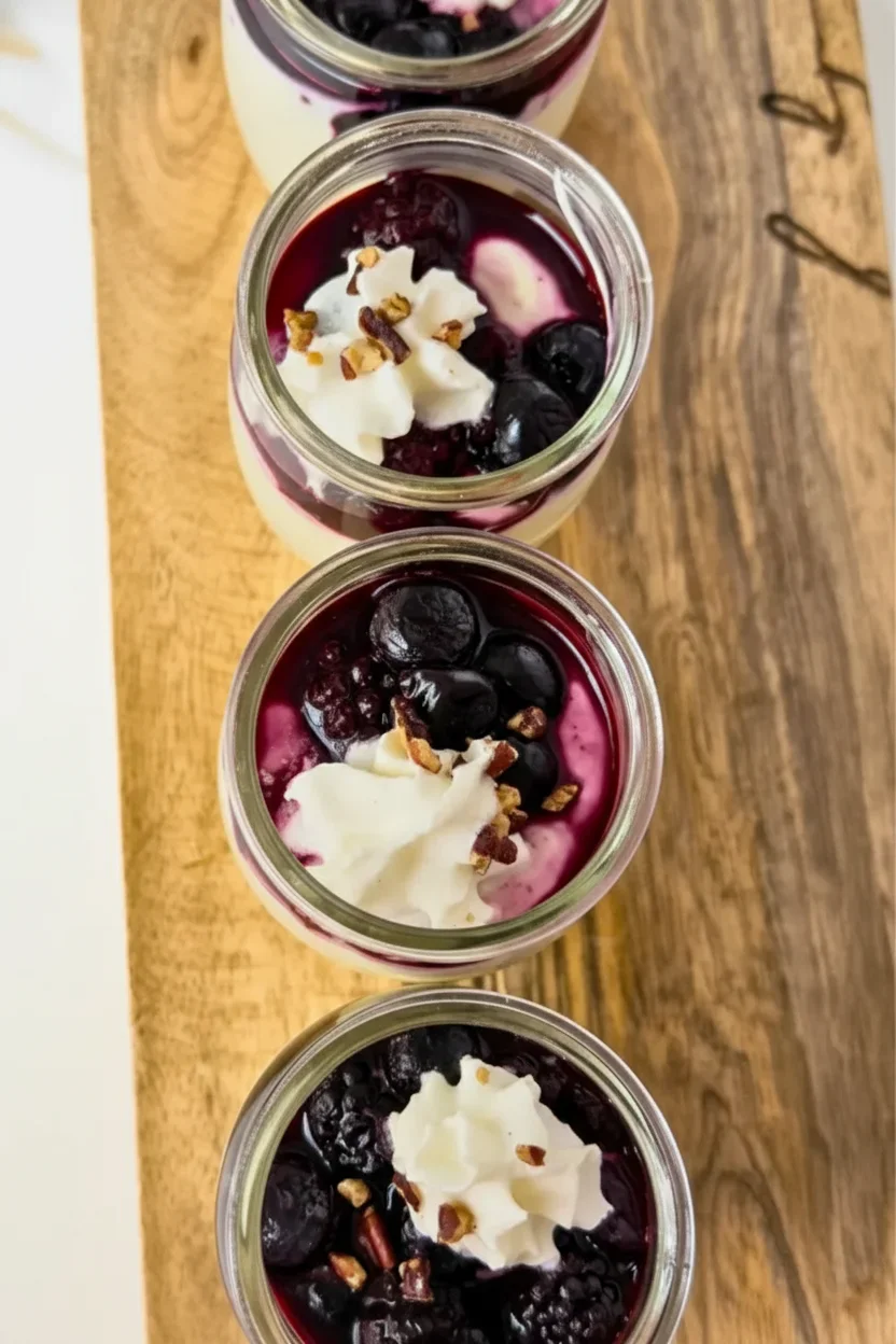 High-Protein-Vanilla-Pudding-Cups-2-683x1024.webp Four glass jars filled with layered berry parfait, topped with whipped cream and nuts, on a wooden surface.