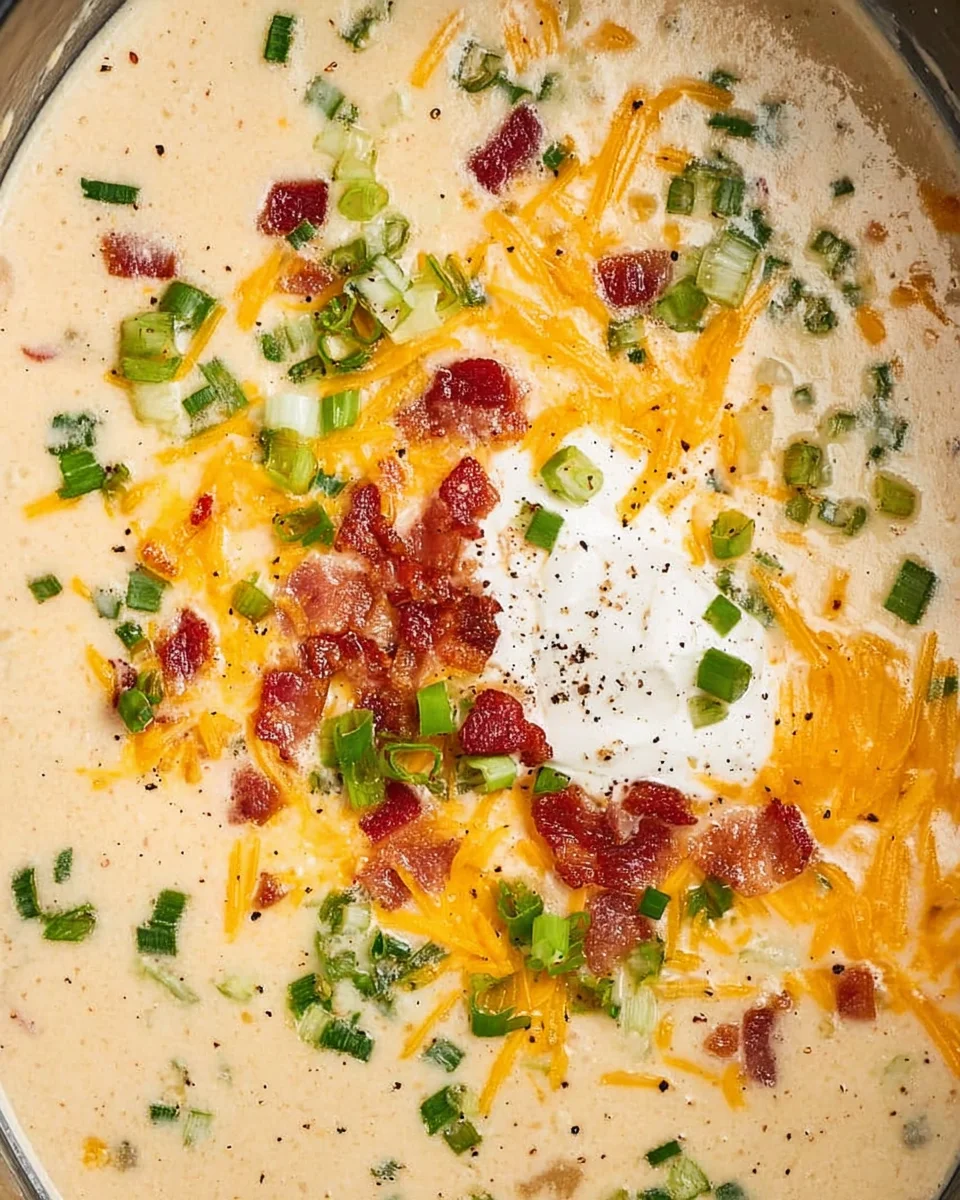 Creamy potato soup in a black slow cooker topped with sour cream, cheese, bacon and green onion.