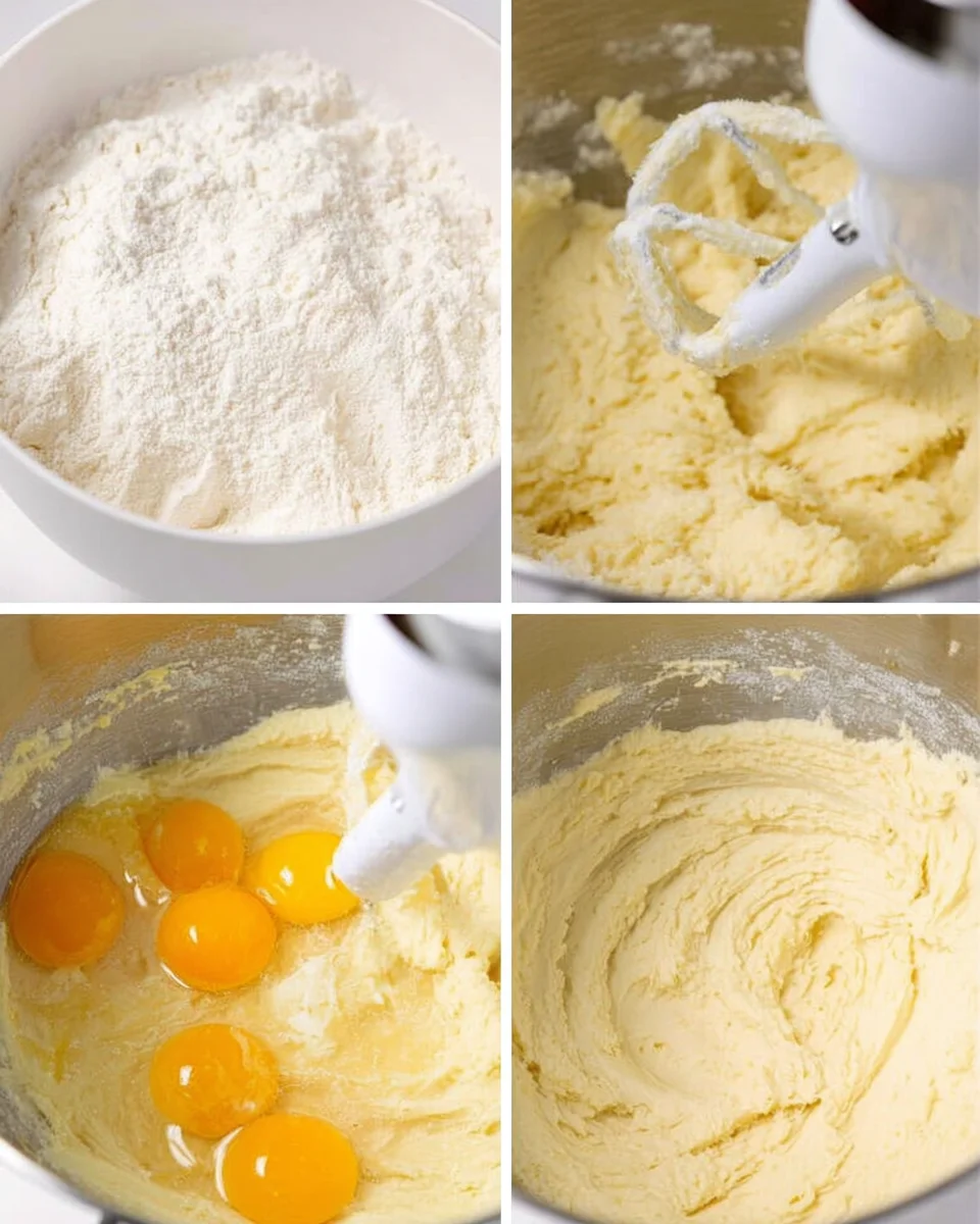 A photo collage showing the steps for making lemon crinkle cookie dough.