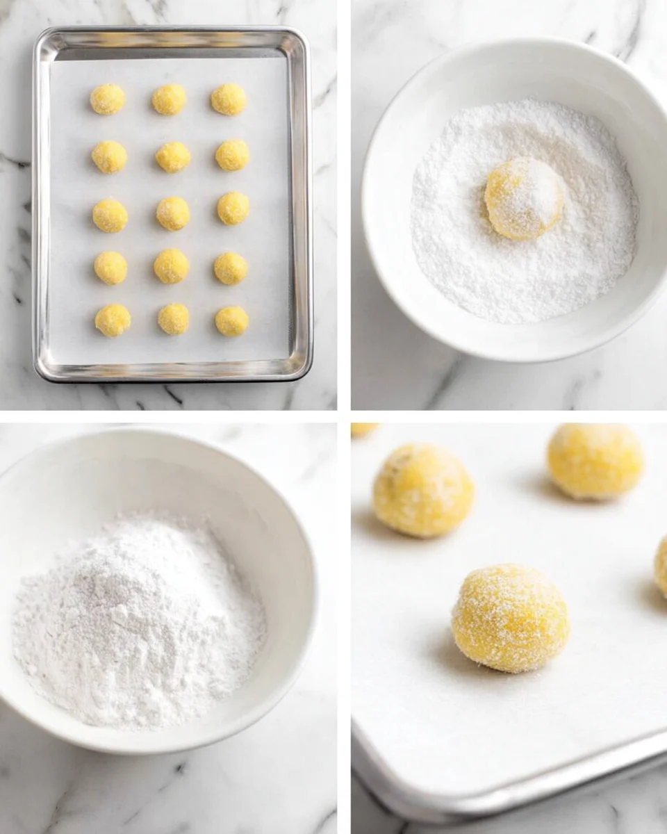 A photo collage showing the steps for shaping and rolling lemon crinkle cookies.