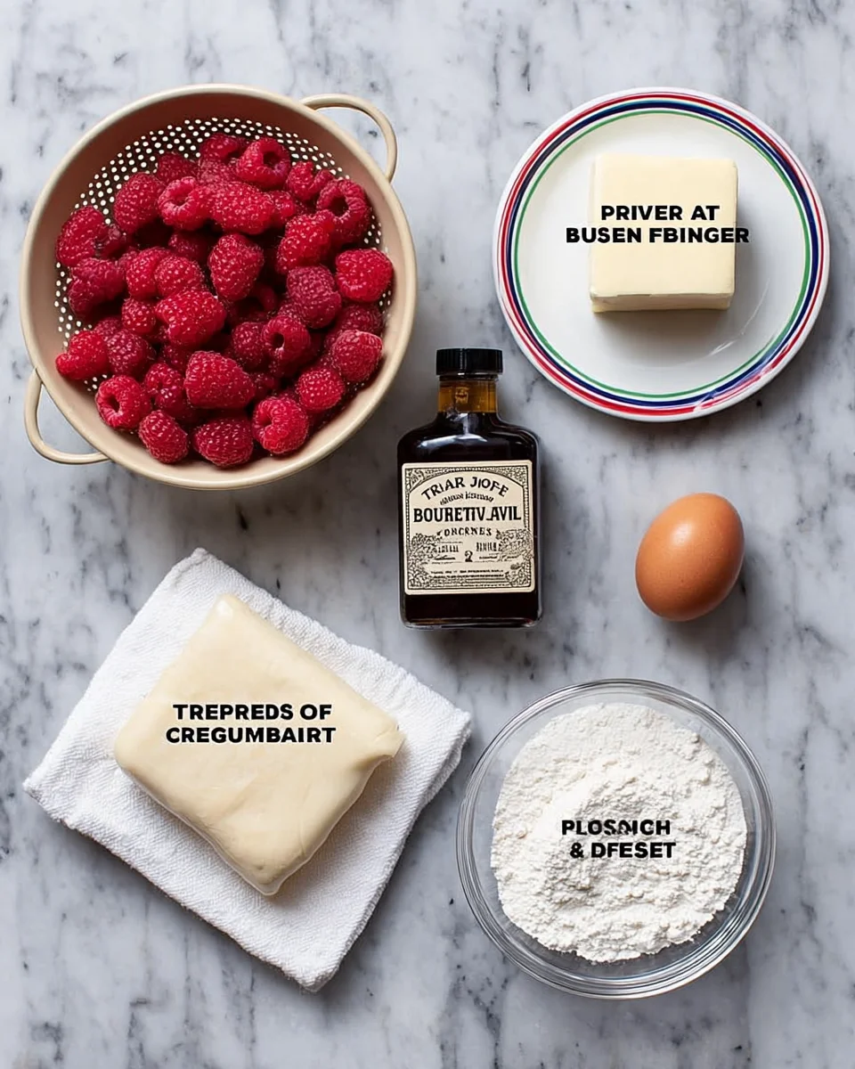 puff pastry dough, raspberries, vanilla extract, egg, cream cheese, and powdered sugar