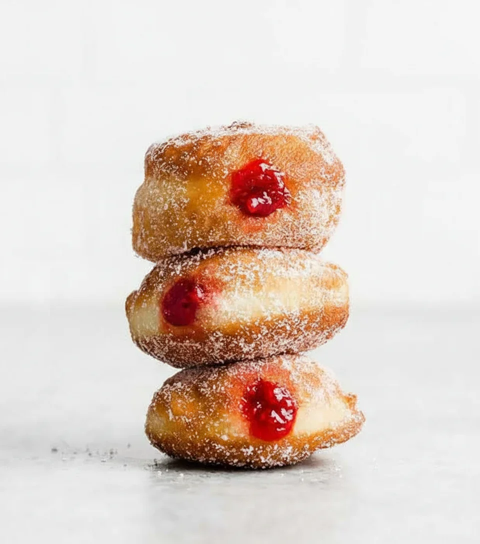 Three donuts stacked with powdered sugar and cherry jam on top, against a white background.