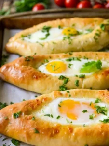 This Khachapuri recipe is a crowd-please. Get a step-by-step easy recipe of these delicious Khachapuri Adjaruli - traditional Georgian Cheese Flatbread topped with en egg.