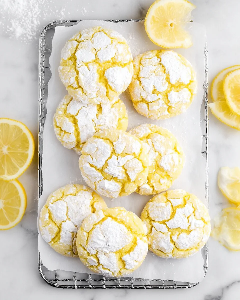Lemon Crinkle Cookies stacked on a small silver cooling rack surrounded by lemon wedges.