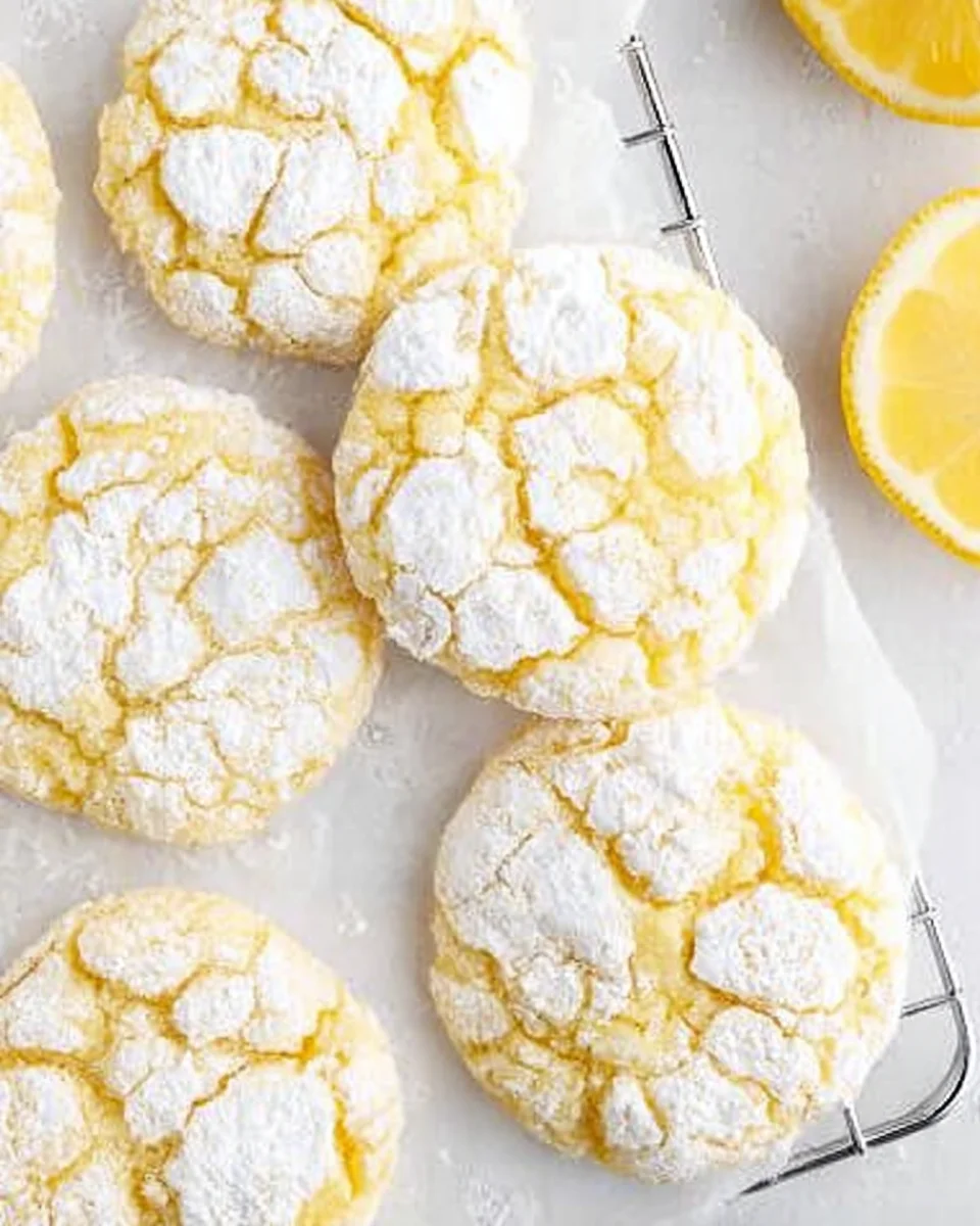 Lemon Crinkle Cookies piled on a small cooling rack surrounded by lemon wedges.