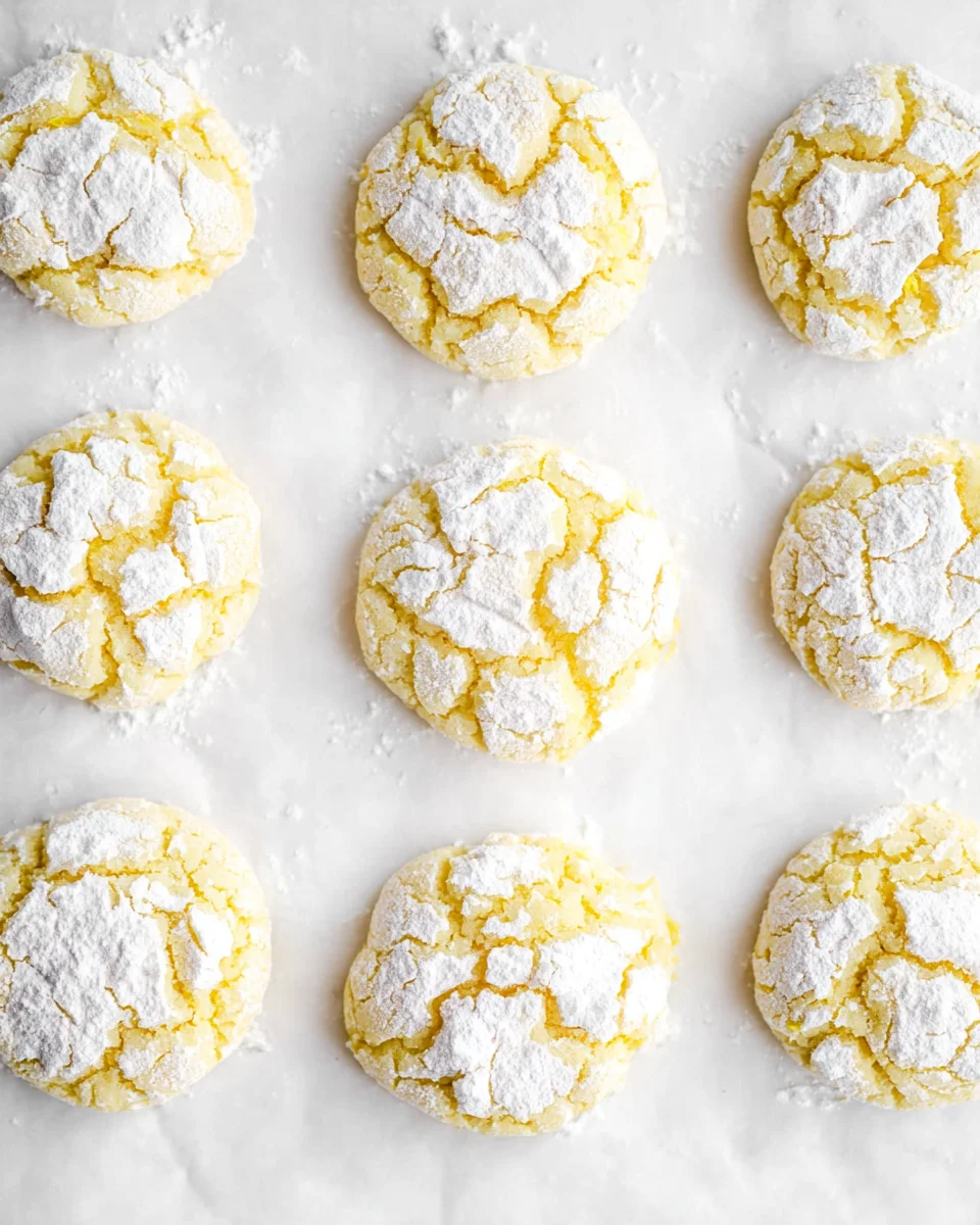 Lemon cookies dusted with powdered sugar on parchment paper.