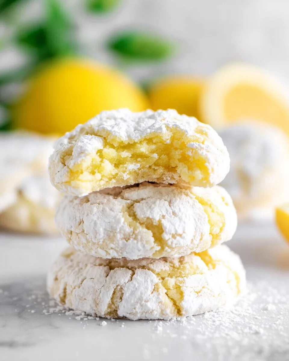 A stack of three lemon crinkle cookies with a bite taken out of the top one.