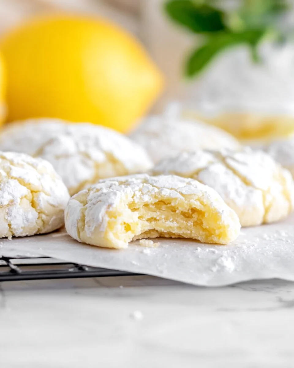 Closeup of a lemon crinkle cookie with a bite taken out of it set on a parchment lined cooling rack.