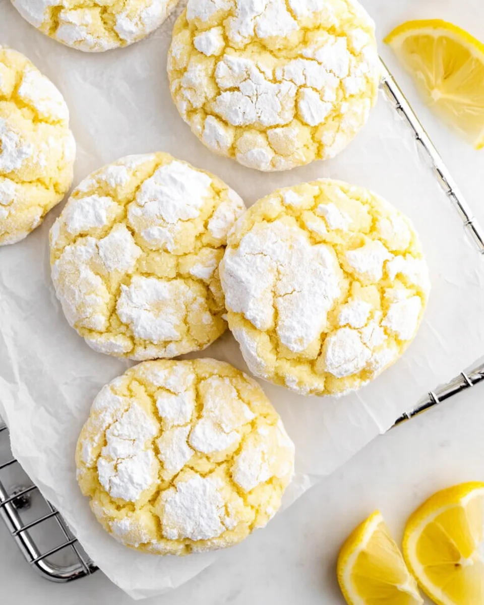 Lemon Crinkle Cookies piled on a small cooling rack surrounded by lemon wedges.