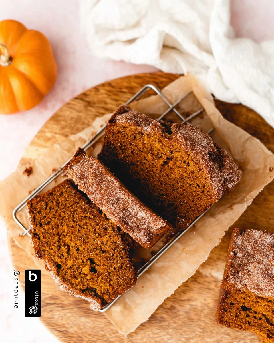 Slices of Butter and Bliss pumpkin bread mini loaf on a wire cutting rack.